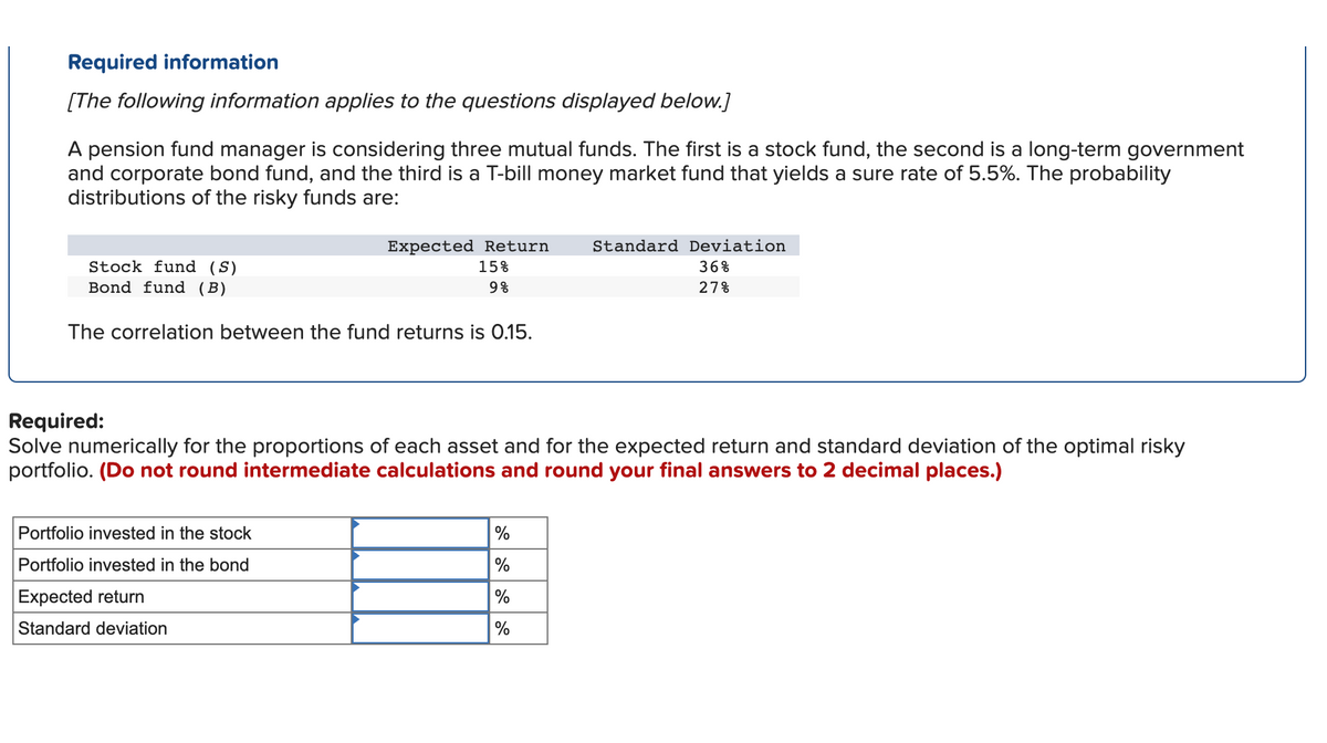 Required information
[The following information applies to the questions displayed below.]
A pension fund manager is considering three mutual funds. The first is a stock fund, the second is a long-term government
and corporate bond fund, and the third is a T-bill money market fund that yields a sure rate of 5.5%. The probability
distributions of the risky funds are:
Expected Return
15%
9%
Stock fund (S)
Bond fund (B)
The correlation between the fund returns is 0.15.
Portfolio invested in the stock
Portfolio invested in the bond
Expected return
Standard deviation
Required:
Solve numerically for the proportions of each asset and for the expected return and standard deviation of the optimal risky
portfolio. (Do not round intermediate calculations and round your final answers to 2 decimal places.)
Standard Deviation
36%
27%
%
%
%
%