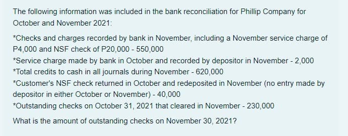 The following information was included in the bank reconciliation for Phillip Company for
October and November 2021:
*Checks and charges recorded by bank in November, including a November service charge of
P4,000 and NSF check of P20,000 - 550,000
*Service charge made by bank in October and recorded by depositor in November - 2,000
*Total credits to cash in all journals during November - 620,000
*Customer's NSF check returned in October and redeposited in November (no entry made by
depositor in either October or November) - 40,000
*Outstanding checks on October 31, 2021 that cleared in November - 230,000
What is the amount of outstanding checks on November 30, 2021?
