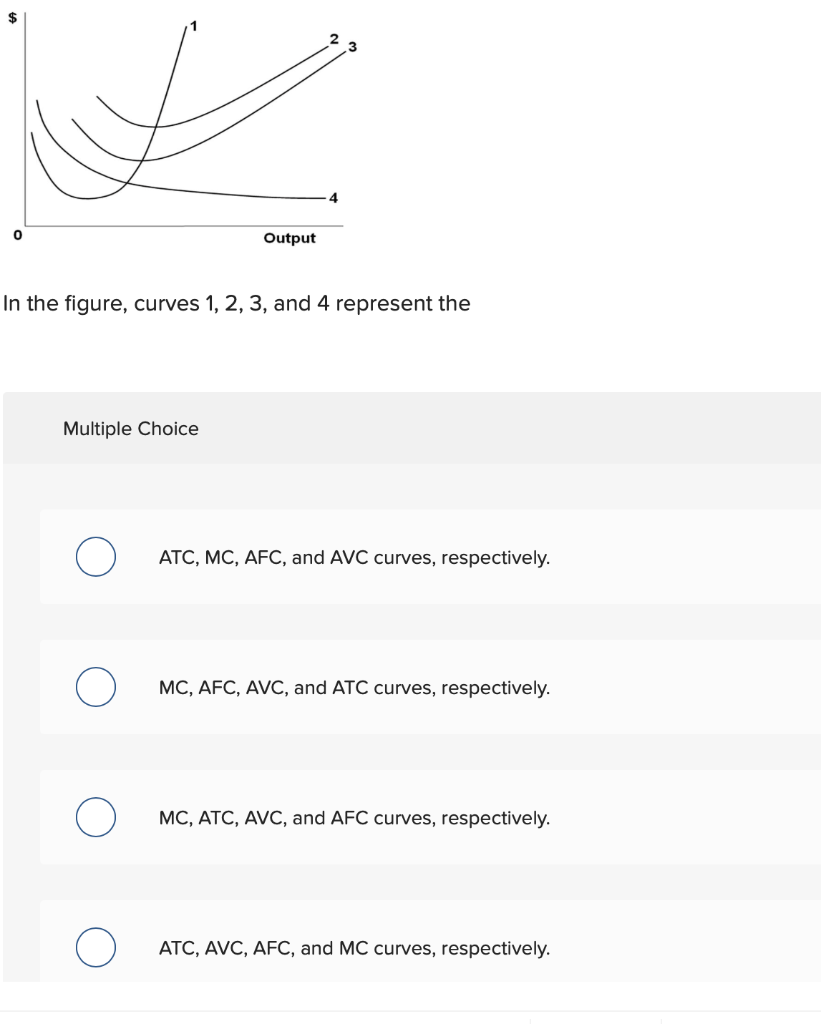 0
Output
In the figure, curves 1, 2, 3, and 4 represent the
Multiple Choice
ATC, MC, AFC, and AVC curves, respectively.
MC, AFC, AVC, and ATC curves, respectively.
MC, ATC, AVC, and AFC curves, respectively.
ATC, AVC, AFC, and MC curves, respectively.