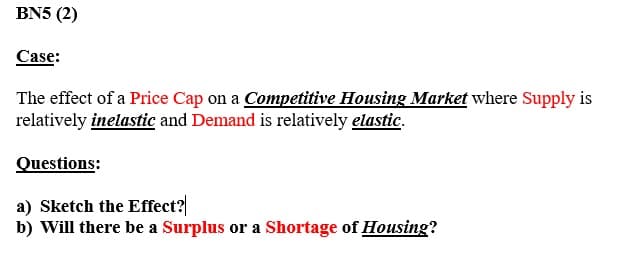 BN5 (2)
Case:
The effect of a Price Cap on a Competitive Housing Market where Supply is
relatively inelastic and Demand is relatively elastic.
Questions:
a) Sketch the Effect?
b) Will there be a Surplus or a Shortage of Housing?