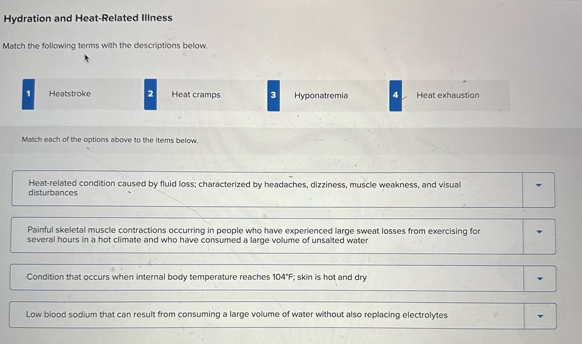 Hydration and Heat-Related Illness
Match the following terms with the descriptions below.
Heatstroke
2
Heat cramps
3 Hyponatremia
4
Heat exhaustion
Match each of the options above to the items below.
Heat-related condition caused by fluid loss; characterized by headaches, dizziness, muscle weakness, and visual
disturbances
Painful skeletal muscle contractions occurring in people who have experienced large sweat losses from exercising for
several hours in a hot climate and who have consumed a large volume of unsalted water
Condition that occurs when internal body temperature reaches 104°F; skin is hot and dry
Low blood sodium that can result from consuming a large volume of water without also replacing electrolytes
་
་