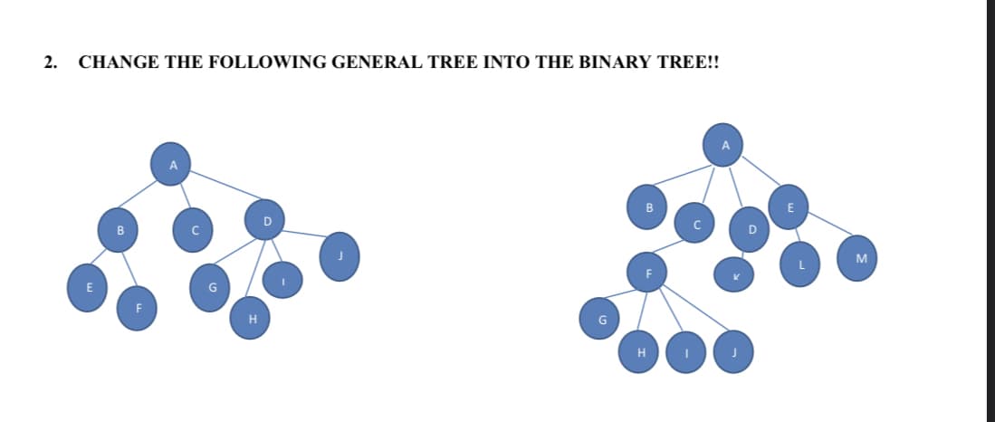 2.
CHANGE THE FOLLOWING GENERAL TREE INTO THE BINARY TREE!!
A
M
H.
H
