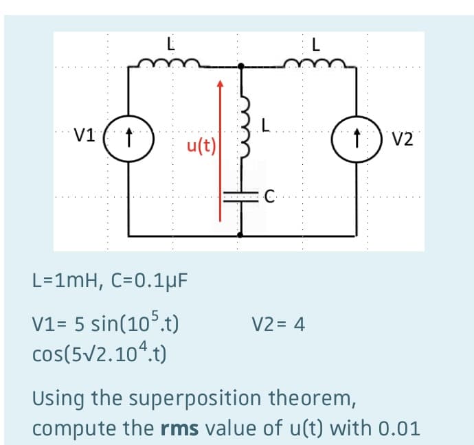 L
L
V1
V2
u(t)
L=1mH, C=0.1µF
V1= 5 sin(105.t)
cos(5V2.10“.t)
V2= 4
Using the superposition theorem,
compute the rms value of u(t) with 0.01
