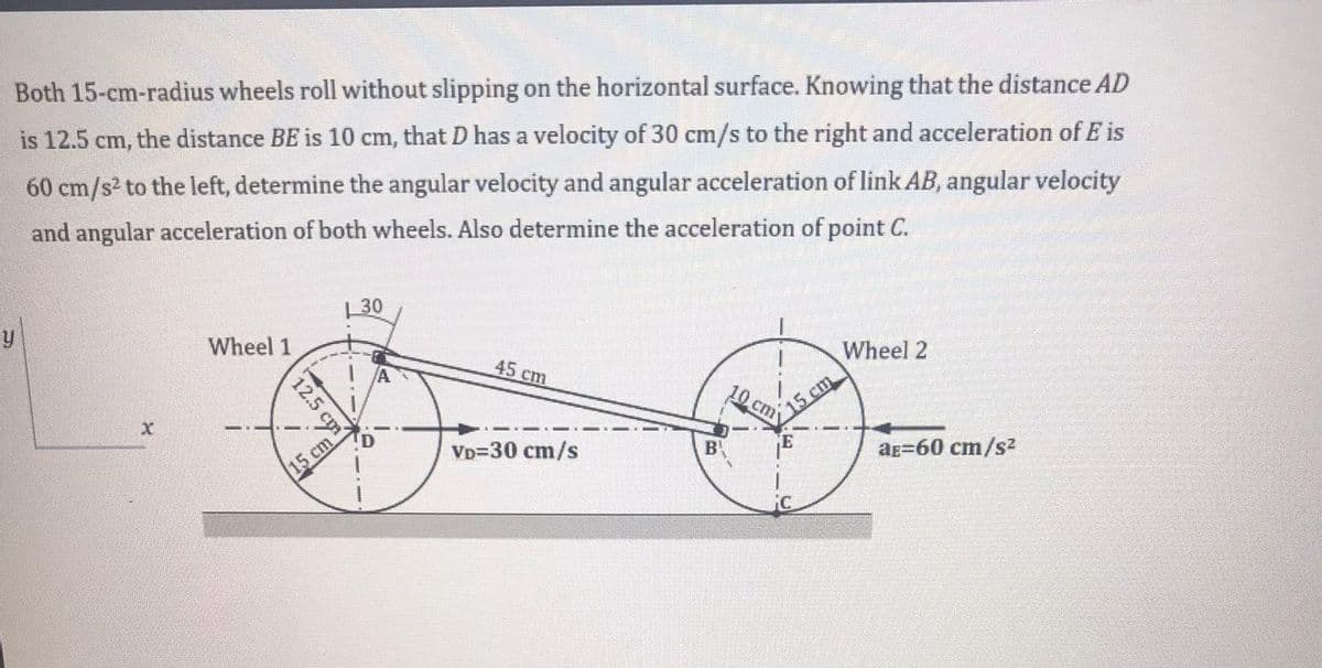 Both 15-cm-radius wheels roll without slipping on the horizontal surface. Knowing that the distance AD
is 12.5 cm, the distance BE is 10 cm, that D has a velocity of 30 cm/s to the right and acceleration of E is
60 cm/s? to the left, determine the angular velocity and angular acceleration of link AB, angular velocity
and angular acceleration of both wheels. Also determine the acceleration of point C.
| 30
y
Wheel 1
45 cm
Wheel 2
/A
15cm
10 cm
VD=30 cm/s
B
aE=60 cm/s2
15 cm
12.5 cm
