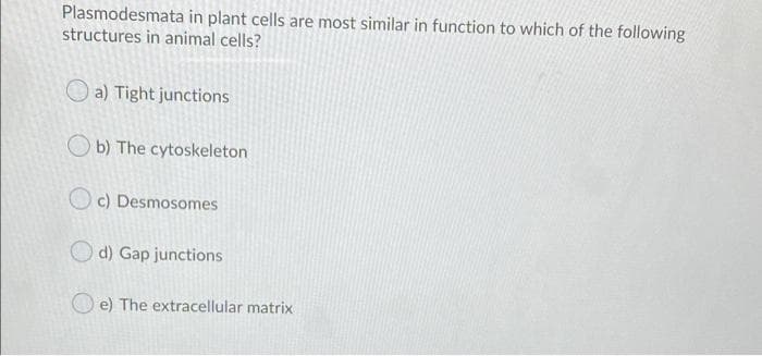 Plasmodesmata in plant cells are most similar in function to which of the following
structures in animal cells?
a) Tight junctions
Ob) The cytoskeleton
c) Desmosomes
d) Gap junctions
e) The extracellular matrix