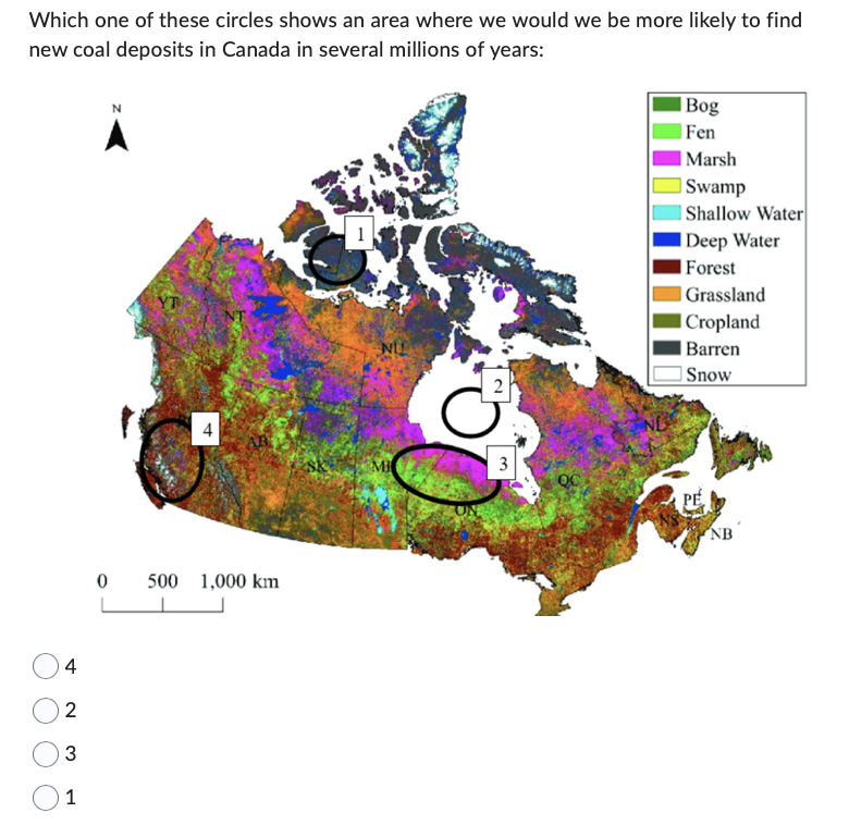 Which one of these circles shows an area where we would we be more likely to find
new coal deposits in Canada in several millions of years:
4
2
3
1
0
4
500 1,000 km
NU
MI
D
2
3
نیا
Bog
Fen
Marsh
Swamp
Shallow Water
Deep Water
Forest
Grassland
Cropland
Barren
Snow
NB