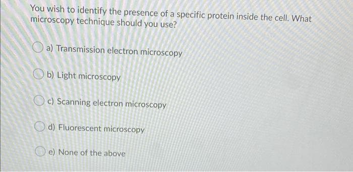 You wish to identify the presence of a specific protein inside the cell. What
microscopy technique should you use?
a) Transmission electron microscopy
b) Light microscopy
Oc) Scanning electron microscopy
d) Fluorescent microscopy
e) None of the above