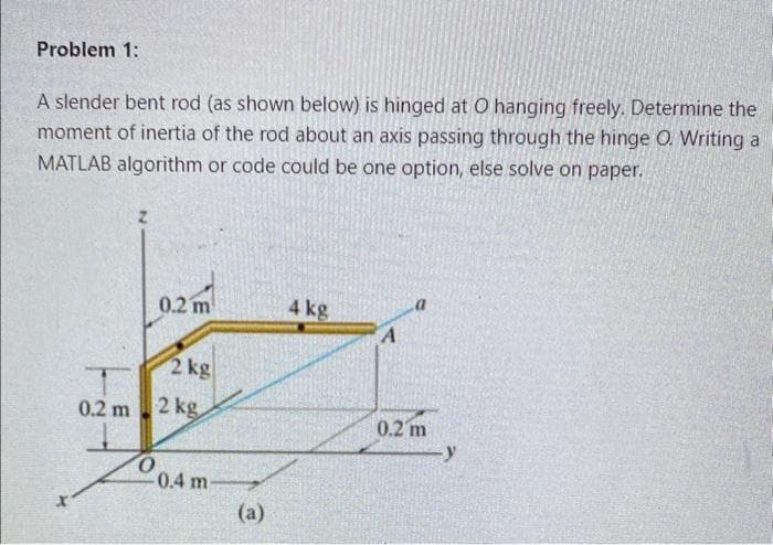 Problem 1:
A slender bent rod (as shown below) is hinged at O hanging freely. Determine the
moment of inertia of the rod about an axis passing through the hinge O. Writing a
MATLAB algorithm or code could be one option, else solve on paper.
Z
0.2 m
2 kg
0.2 m 2 kg.
O
-0.4 m
(a)
4 kg
A
0.2 m
-y