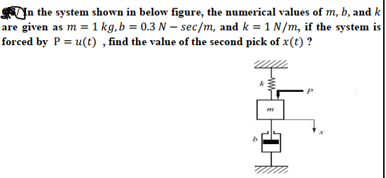 SIn the system shown in below figure, the numerical values of m, b, and k
are given as m = 1 kg,b = 0.3 N – sec/m, and k = 1 N /m, if the system is
forced by P = u(t) , find the value of the second pick of x(t) ?
