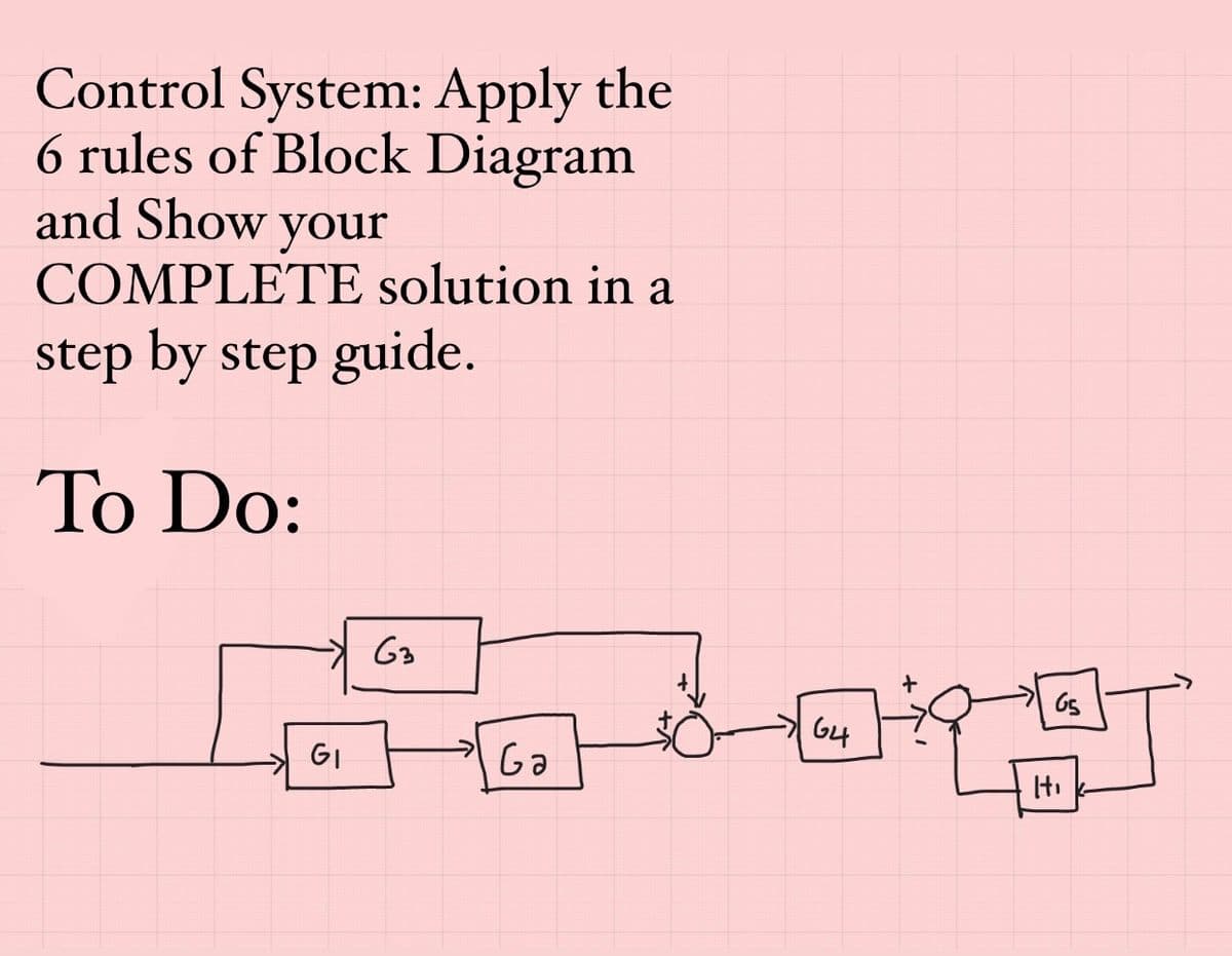 Control System: Apply the
6 rules of Block Diagram
and Show your
COMPLETE solution in a
step by step guide.
To Do:
GI
G3
Ga
64
+
65
Hi