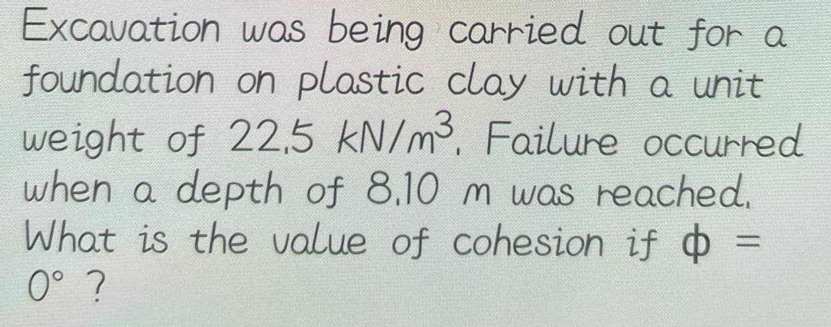 Excavation was being carried out for a
foundation on plastic clay with a unit
weight of 22,5 kN/m³. Failure occurred
when a depth of 8.10 m was reached.
What is the value of cohesion if =
0° ?