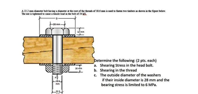 A 22.2 mm-diameter bolt having a diameter at the root of the threads of 18.6 mm is used to fasten two timbers as shown in the figure below.
The nut is tightened to cause a tensile load in the bolt of 34 kN.
mm
12 mm
Determine the following: (2 pts. each)
a. Shearing Stress in the head bolt.
b. Shearing in the thread
c. The outside diameter of the washers
mm
16 mm
if their inside diameter is 28 mm and the
bearing stress is limited to 6 MPa.