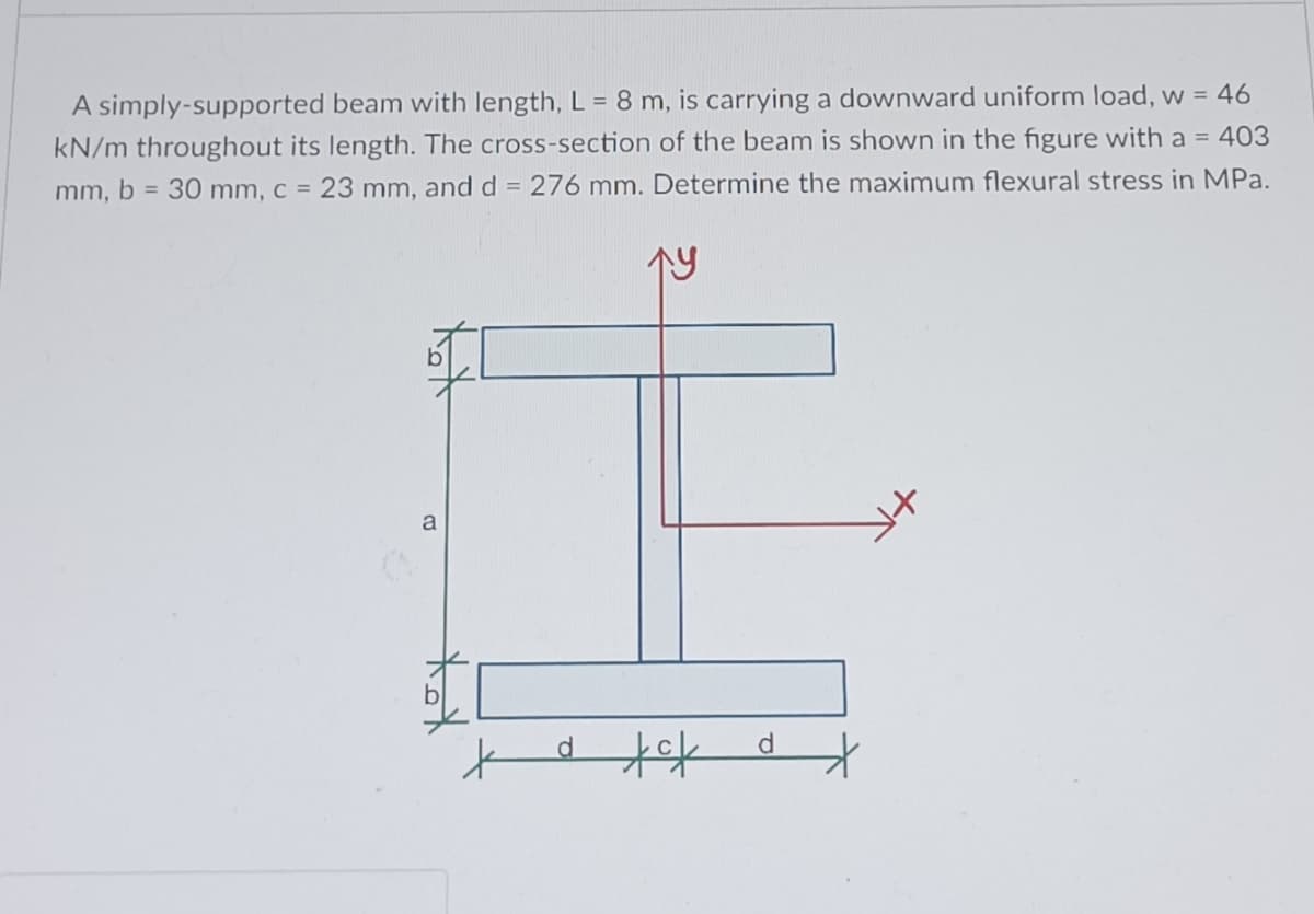 A simply-supported beam with length, L = 8 m, is carrying a downward uniform load, w = 46
kN/m throughout its length. The cross-section of the beam is shown in the figure with a = 403
mm, b = 30 mm, c = 23 mm, and d = 276 mm. Determine the maximum flexural stress in MPa.
a tok
d