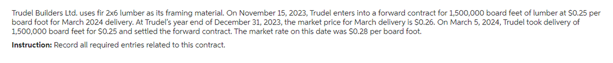 Trudel Builders Ltd. uses fir 2x6 lumber as its framing material. On November 15, 2023, Trudel enters into a forward contract for 1,500,000 board feet of lumber at $0.25 per
board foot for March 2024 delivery. At Trudel's year end of December 31, 2023, the market price for March delivery is $0.26. On March 5, 2024, Trudel took delivery of
1,500,000 board feet for $0.25 and settled the forward contract. The market rate on this date was $0.28 per board foot.
Instruction: Record all required entries related to this contract.