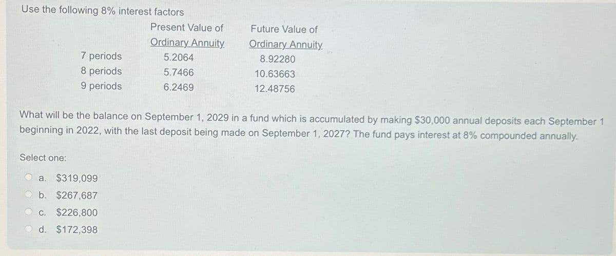 Use the following 8% interest factors
7 periods
8 periods
9 periods
Select one:
Present Value of
Ordinary Annuity.
a. $319,099
b. $267,687
C.
$226,800
d. $172,398
5.2064
5.7466
6.2469
What will be the balance on September 1, 2029 in a fund which is accumulated by making $30,000 annual deposits each September 1
beginning in 2022, with the last deposit being made on September 1, 2027? The fund pays interest at 8% compounded annually.
Future Value of
Ordinary Annuity.
8.92280
10.63663
12.48756
