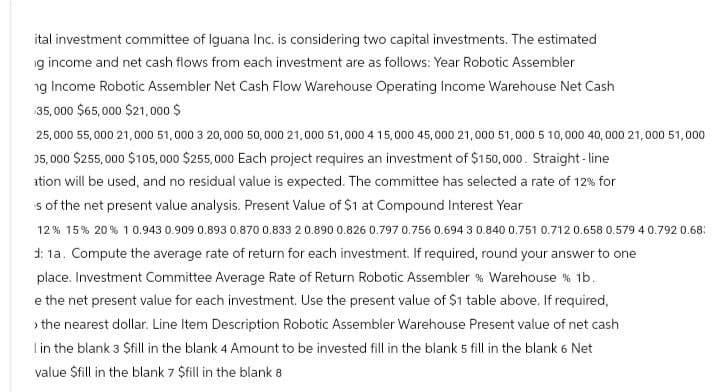 ital investment committee of Iguana Inc. is considering two capital investments. The estimated
ig income and net cash flows from each investment are as follows: Year Robotic Assembler
ng Income Robotic Assembler Net Cash Flow Warehouse Operating Income Warehouse Net Cash
35,000 $65,000 $21,000 $
25,000 55,000 21,000 51,000 3 20,000 50,000 21,000 51,000 4 15,000 45,000 21,000 51,000 5 10,000 40,000 21,000 51,000
05,000 $255,000 $105,000 $255,000 Each project requires an investment of $150,000. Straight-line
ation will be used, and no residual value is expected. The committee has selected a rate of 12% for
s of the net present value analysis. Present Value of $1 at Compound Interest Year
12% 15% 20% 10.943 0.909 0.893 0.870 0.833 2 0.890 0.826 0.797 0.756 0.694 3 0.840 0.751 0.712 0.658 0.579 4 0.792 0.68:
d: 1a. Compute the average rate of return for each investment. If required, round your answer to one
place. Investment Committee Average Rate of Return Robotic Assembler % Warehouse % 1b.
e the net present value for each investment. Use the present value of $1 table above. If required,
>the nearest dollar. Line Item Description Robotic Assembler Warehouse Present value of net cash
I in the blank 3 $fill in the blank 4 Amount to be invested fill in the blank 5 fill in the blank 6 Net
value $fill in the blank 7 $fill in the blank 8