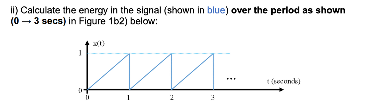 ii) Calculate the energy in the signal (shown in blue) over the period as shown
(0
→ 3 secs) in Figure 1b2) below:
x(t)
1
•..
t (seconds)
1
2
3
