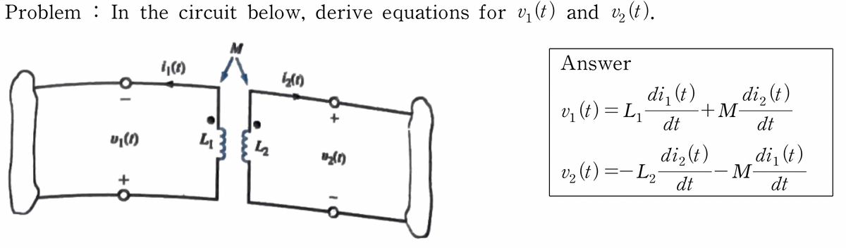 Problem In the circuit below, derive equations for v₁ (t) and v₂ (t).
0₁ (1)
+
4₁(1)
4₁
511
1₂(1)
Answer
v₁ (t) = L₁
di, (t)
dt
v₂ (t) =— L₂
di₂ (t)
dt
- + M-
diz (t)
dt
di₁ (t)
dt
· M-