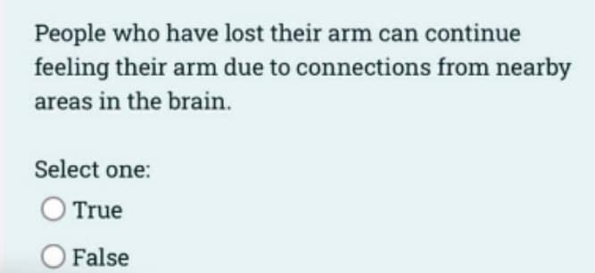 People who have lost their arm can continue
feeling their arm due to connections from nearby
areas in the brain.
Select one:
True
O False