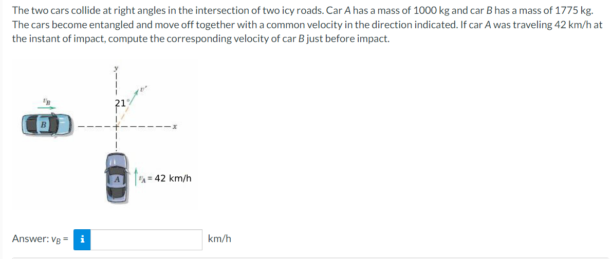 The two cars collide at right angles in the intersection of two icy roads. Car A has a mass of 1000 kg and car B has a mass of 1775 kg.
The cars become entangled and move off together with a common velocity in the direction indicated. If car A was traveling 42 km/h at
the instant of impact, compute the corresponding velocity of car B just before impact.
21
VA = 42 km/h
Answer: Vâ =
i
km/h
