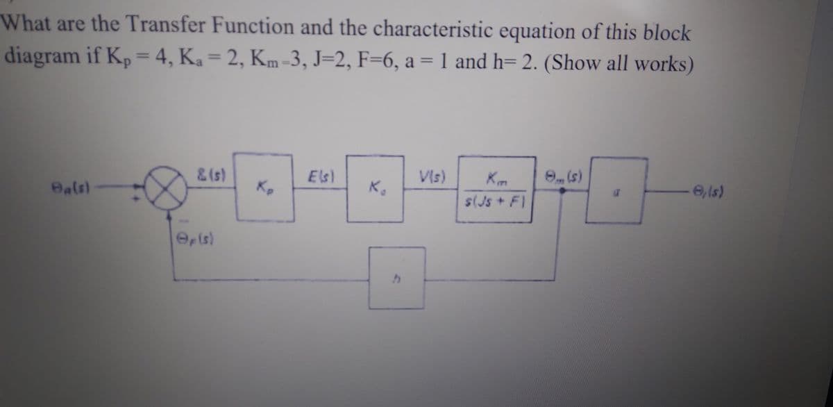 What are the Transfer Function and the characteristic equation of this block
diagram if Kp = 4, Ka = 2, Km=3, J=2, F=6, a = 1 and h= 2. (Show all works)
%3D
VIs)
e (s)
& (s)
Kp
Els)
K.
6,Is)
s(Js+FI
Opis)
