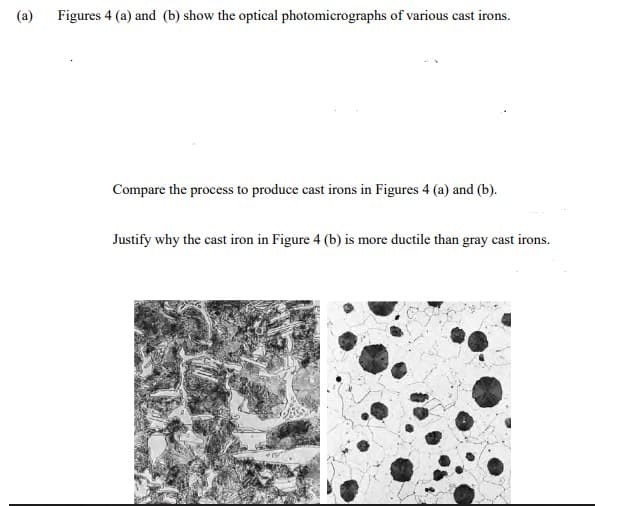 (a)
Figures 4 (a) and (b) show the optical photomicrographs of various cast irons.
Compare the process to produce cast irons in Figures 4 (a) and (b).
Justify why the cast iron in Figure 4 (b) is more ductile than gray cast irons.
