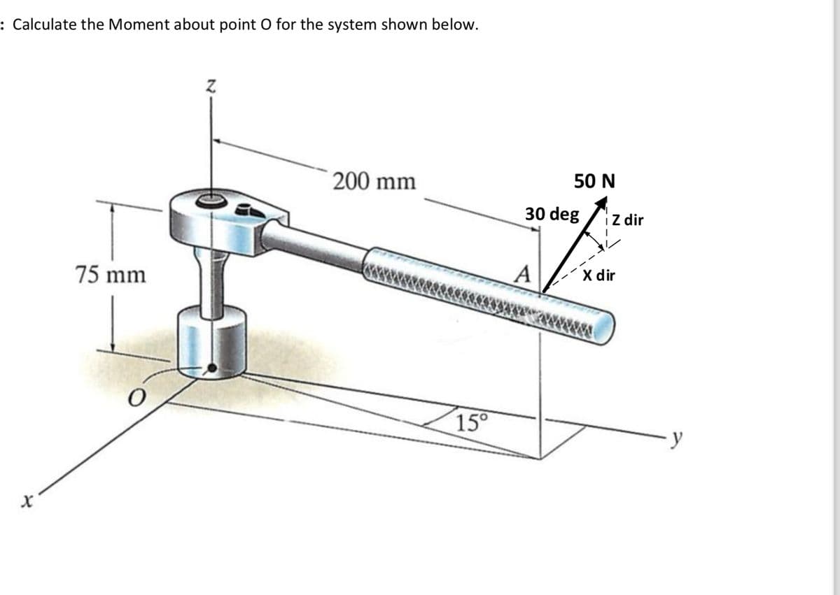 :Calculate the Moment about point O for the system shown below.
75 mm
O
Z
200 mm
15°
50 N
30 deg
A
i Z dir
X dir
y
