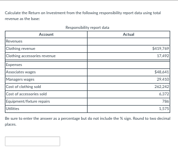 Calculate the Return on Investment from the following responsibility report data using total
revenue as the base:
Account
Revenues
Clothing revenue
Clothing accessories revenue
Expenses
Associates wages
Managers wages
Cost of clothing sold
Cost of accessories sold
Equipment/foxture repairs
Responsibility report data
Actual
$419,769
17,492
$48,641
29,410
262,242
6,372
786
1,575
Utilities
Be sure to enter the answer as a percentage but do not include the % sign. Round to two decimal
places.