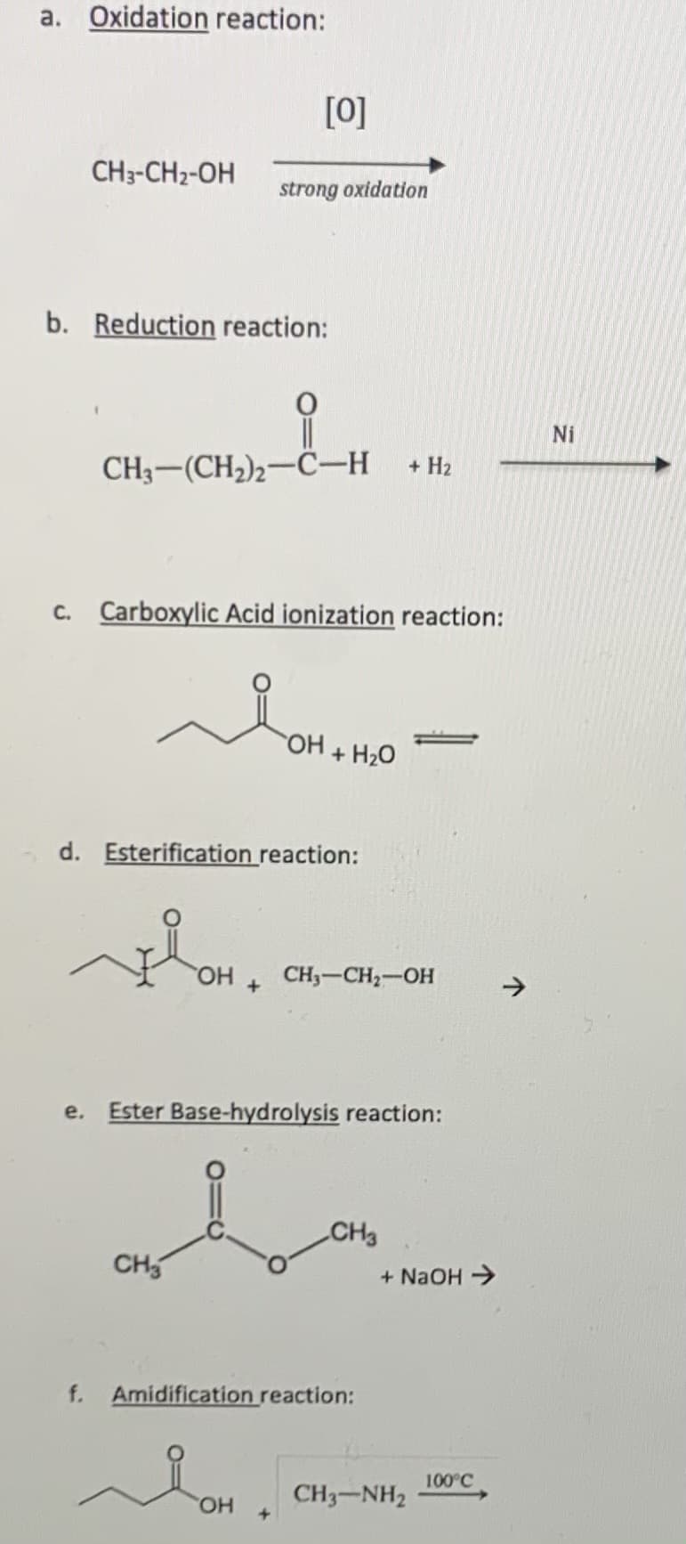 a. Oxidation reaction:
[0]
CH3-CH2-OH
strong oxidation
b. Reduction reaction:
Ni
CH3-(CH2)2-C–H
+ H2
c. Carboxylic Acid ionization reaction:
OH + H2O
d. Esterification reaction:
CH3-CH2-OH
е.
Ester Base-hydrolysis reaction:
CH3
CH5
+ NaOH >
f.
Amidification reaction:
100°C
CH3-NH2
HO
个
