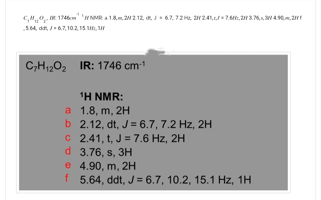 Ο
CH 12° 2'
-1
IR: 1746cm H NMR: a 1.8, m, 2H 2.12, dt, J = 6.7, 7.2 Hz, 2H 2.41,t,J = 7.6Hz, 2H 3.76, s, 3H 4.90, m, 2H f
, 5.64, ddt, 6.7, 10.2, 15.1Hz, 1H
C7H12O2 IR: 1746 cm-1
1H NMR:
a 1.8, m, 2H
b 2.12, dt, J = 6.7, 7.2 Hz, 2H
C 2.41, t, J = 7.6 Hz, 2H
d 3.76, s, 3H
e 4.90, m, 2H
f 5.64, ddt, J = 6.7, 10.2, 15.1 Hz, 1H