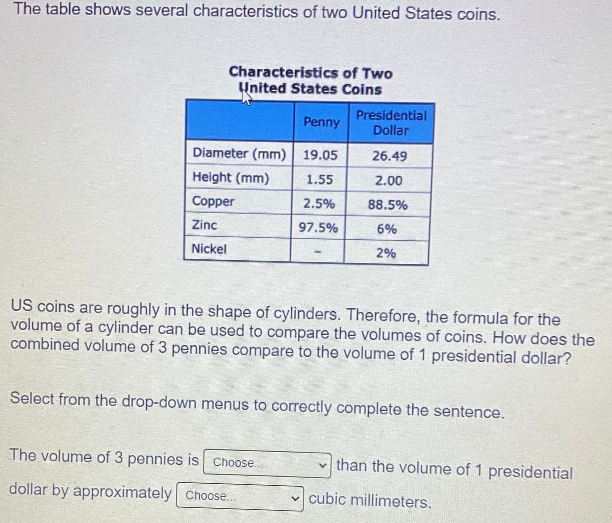 The table shows several characteristics of two United States coins.
Characteristics of Two
Hnited States Coins
Presidential
Dollar
Penny
Diameter (mm) 19.05
26.49
Height (mm)
1.55
2.00
Copper
2.5%
88.5%
Zinc
97.5%
6%
Nickel
2%
US coins are roughly in the shape of cylinders. Therefore, the formula for the
volume of a cylinder can be used to compare the volumes of coins. How does the
combined volume of 3 pennies compare to the volume of 1 presidential dollar?
Select from the drop-down menus to correctly complete the sentence.
The volume of 3 pennies is Choose..
than the volume of 1 presidential
dollar by approximately Choose.
cubic millimeters.
