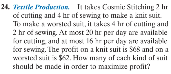 Textile Production. It takes Cosmic Stitching 2 hr
of cutting and 4 hr of sewing to make a knit suit.
To make a worsted suit, it takes 4 hr of cutting and
2 hr of sewing. At most 20 hr per day are available
for cutting, and at most 16 hr per day are available
for sewing. The profit on a knit suit is $68 and on a
worsted suit is $62. How many of each kind of suit
should be made in order to maximize profit?
