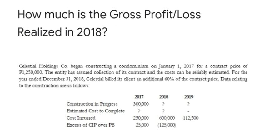 How much is the Gross Profit/Loss
Realized in 2018?
Celestial Holdings Co. began constructing a condominium on January 1, 2017 for a contract price of
P1,250,000. The entity has assured collection of its contract and the costs can be reliably estimated. For the
year ended December 31, 2018, Celestial billed its client an additional 60% of the contract price. Data relating
to the construction are as follows:
2017
2018
2019
Construction in Progress
Estimated Cost to Complete
300,000
Cost Incurred
250,000
600,000 112,500
Excess of CIP over PB
25,000
(125,000)
