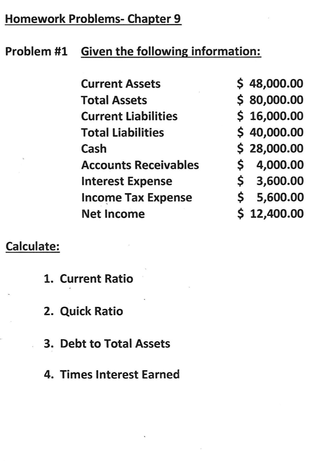 Homework Problems- Chapter 9
Problem #1 Given the following information:
$ 48,000.00
$ 80,000.00
$ 16,000.00
$ 40,000.00
$ 28,000.00
$ 4,000.00
$ 3,600.00
$ 5,600.00
$ 12,400.00
Current Assets
Total Assets
Current Liabilities
Total Liabilities
Cash
Accounts Receivables
Interest Expense
Income Tax Expense
Net Income
Calculate:
1. Current Ratio
2. Quick Ratio
3. Debt to Total Assets
4. Times Interest Earned
