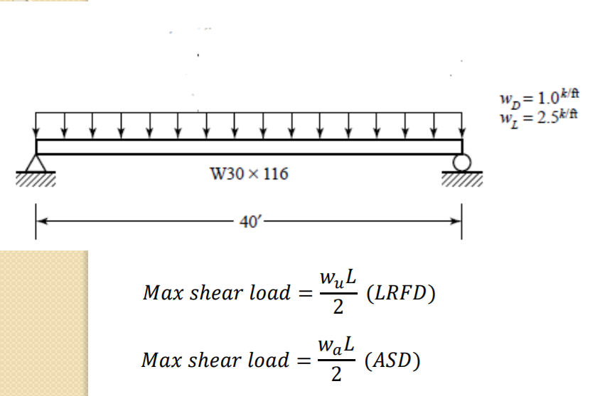 Wp= 1.0kA
Wz = 2.5k'A
W30 x 116
40'-
WųL
(LRFD)
2
Max shear load
WaL
(ASD)
Max shear load
