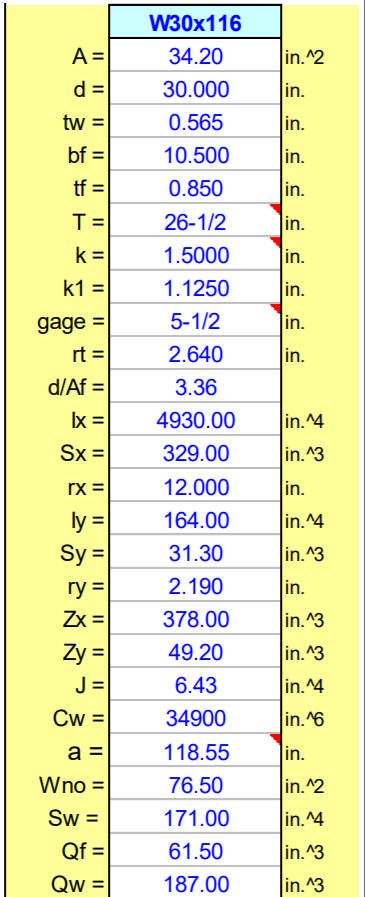 W30x116
A =
34.20
in.^2
d =
30.000
in.
tw =
0.565
in.
bf =
10.500
in.
tf =
0.850
in.
T=
26-1/2
in.
k =
1.5000
in.
k1 =
1.1250
in.
5-1/2
in.
gage =
rt =
%3D
2.640
in.
d/Af =
3.36
Ix =
4930.00
in. ^4
Sx =
329.00
in.^3
rx =
12.000
in.
ly =
164.00
in.^4
Sy =
31.30
in.^3
ry =
2.190
in.
Zx =
378.00
in.^3
Zy =
J =
49.20
in.^3
6.43
in.^4
Cw =
34900
in. ^6
a =
118.55
in.
Wno =
76.50
in. ^2
Św =
171.00
in.^4
%3D
Qf =
61.50
in.^3
Qw =
187.00
in.^3
