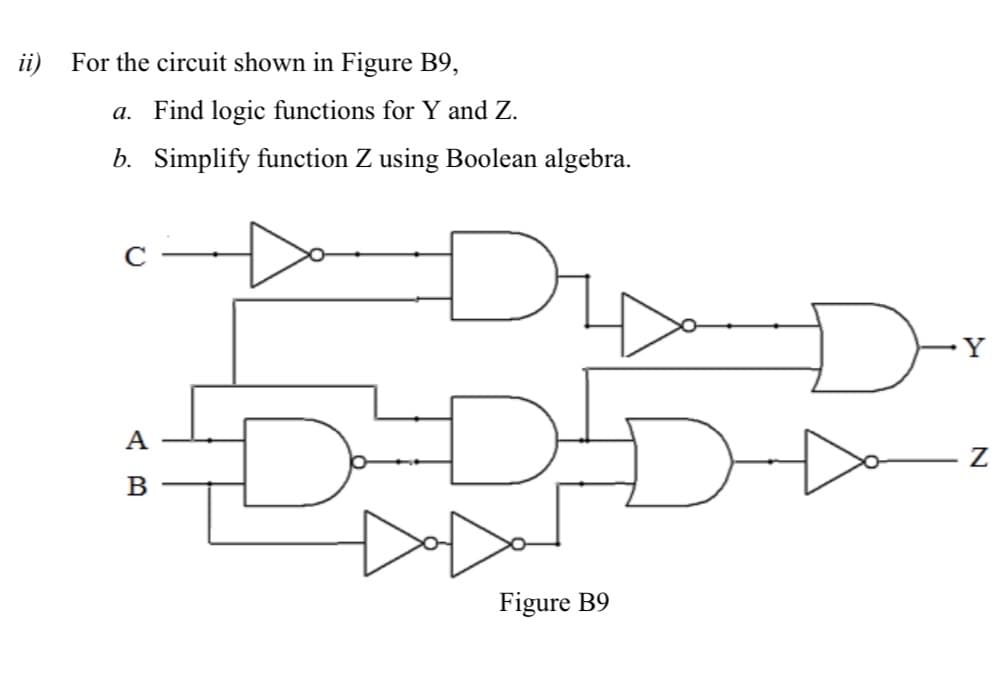 ii) For the circuit shown in Figure B9,
a. Find logic functions for Y and Z.
b. Simplify function Z using Boolean algebra.
Y
Figure B9
AB

