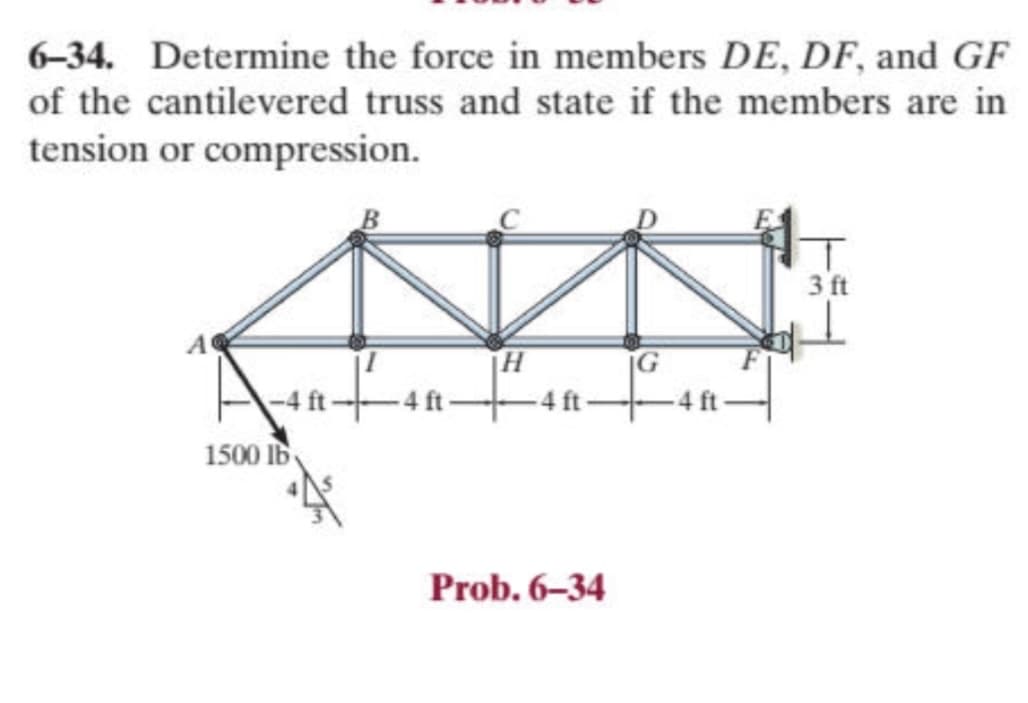 6-34. Determine the force in members DE, DF, and GF
of the cantilevered truss and state if the members are in
tension or compression.
A-48-+
1500 lb
H
-4 ft-
Prob. 6-34
3 ft