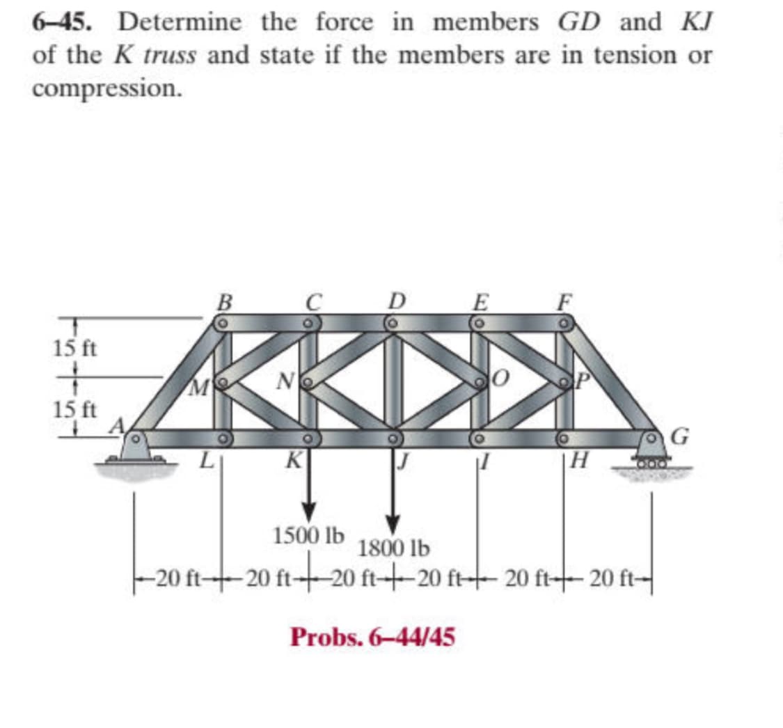 6-45. Determine the force in members GD and KJ
of the K truss and state if the members are in tension or
compression.
15 ft
15 ft
4
E
KRISEA
MS
N
1500 lb
1800 lb
H
-20 ft-20 ft--20 ft+20 ft- 20 ft-20 ft-
Probs. 6-44/45
G