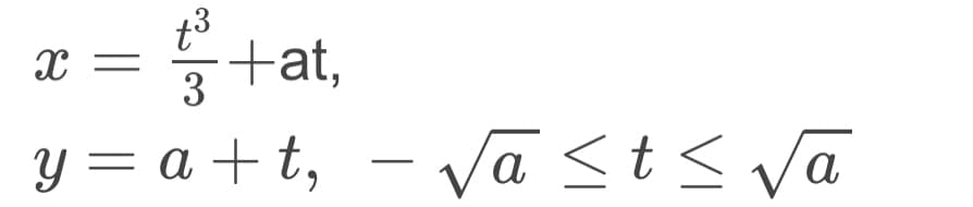 X
10/to
=
+at,
y = a + t₂
t³
3
a+t, - √ā ≤t≤ va