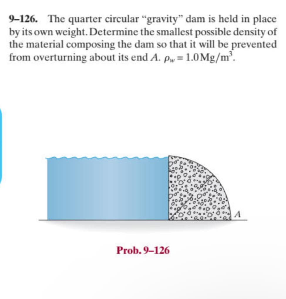 9-126. The quarter circular "gravity" dam is held in place
by its own weight. Determine the smallest possible density of
the material composing the dam so that it will be prevented
from overturning about its end A. p = 1.0Mg/m³.
Prob. 9-126