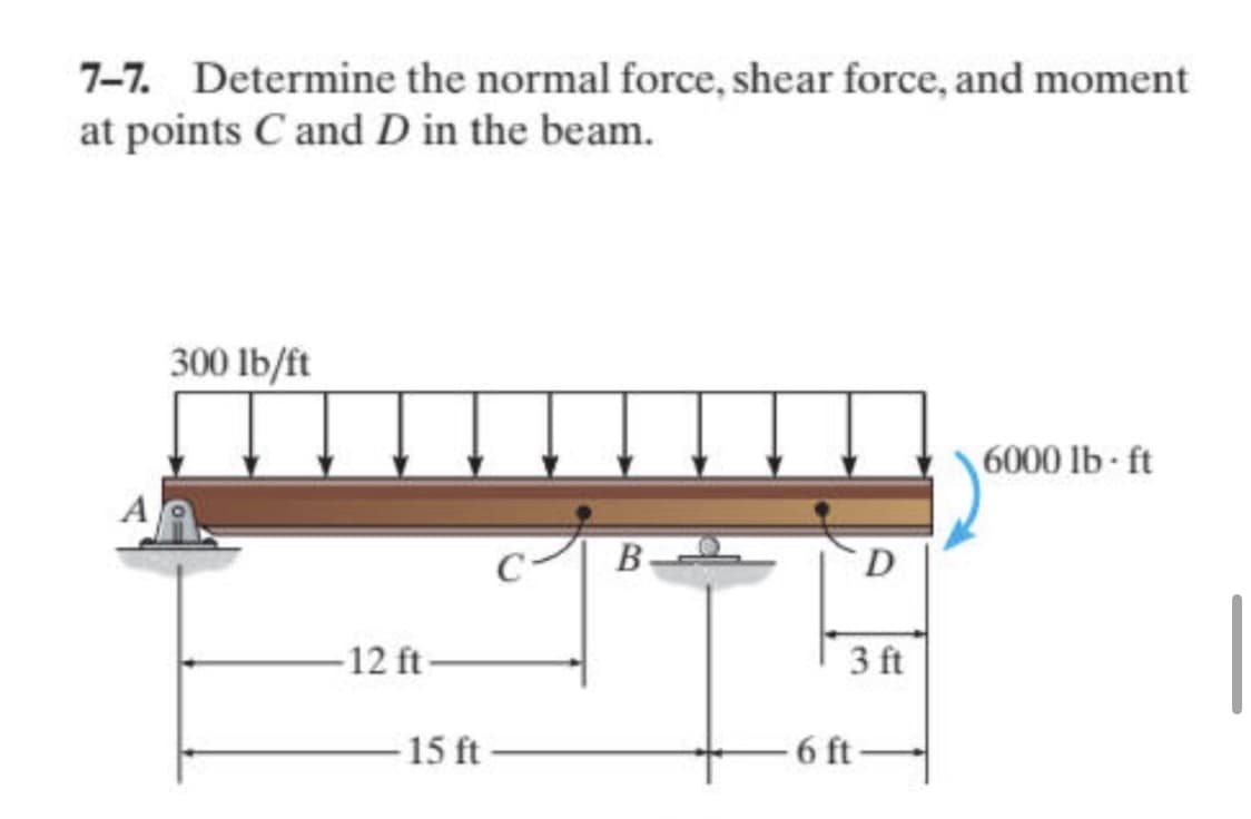 7-7. Determine the normal force, shear force, and moment
at points C and D in the beam.
300 lb/ft
6000 lb-ft
B
D
-12 ft-
3 ft
-15 ft
6 ft