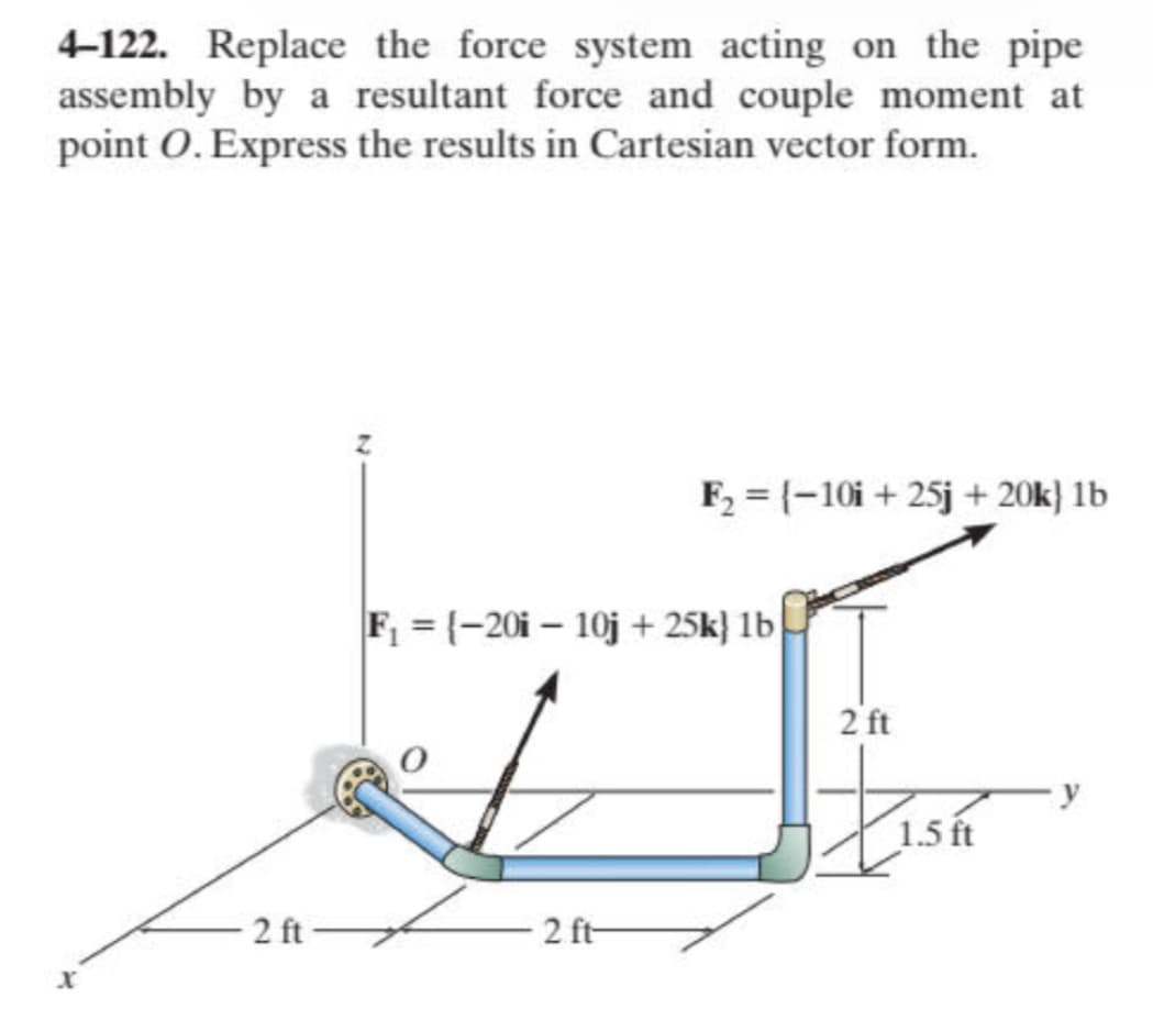 4-122. Replace the force system acting on the pipe
assembly by a resultant force and couple moment at
point O. Express the results in Cartesian vector form.
2 ft
Z
F₂=(-10i + 25j + 20k} lb
F₁ = {-20i - 10j + 25k) 1b
2 ft-
2 ft
ZIST
1.5 ft
y