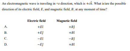 An electromagnetic wave is traveling in +z direction, which is +ck. What is/are the possible
direction of its electric field, E, and magnetic field, B, at any moment of time?
Electric field
Magnetic field
A.
+Ei
+Bj
В.
+Ej
+BE
C.
-Ei
-Bj
D.
-Ej
+Bi
