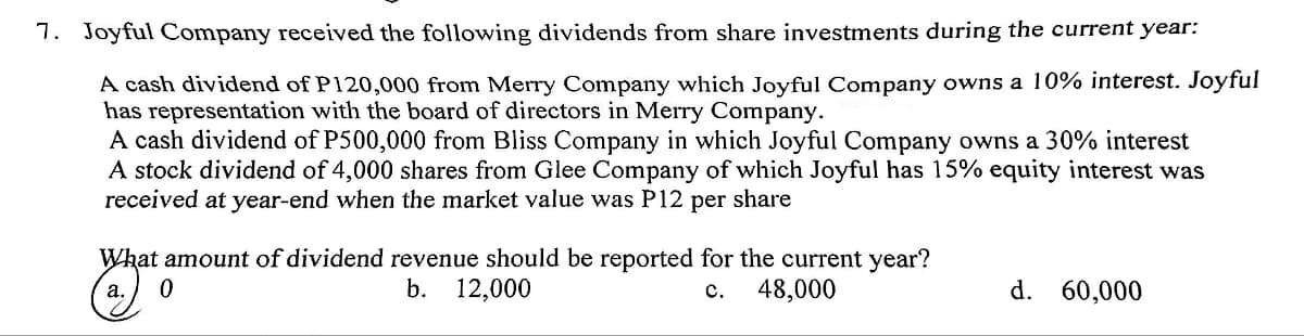 7. Joyful Company received the following dividends from share investments during the current year:
A cash dividend of P120,000 from Merry Company which Joyful Company owns a 10% interest. Joyful
has representation with the board of directors in Merry Company.
A cash dividend of P500,000 from Bliss Company in which Joyful Company owns a 30% interest
A stock dividend of 4,000 shares from Glee Company of which Joyful has 15% equity interest was
received at year-end when the market value was P12 per share
What amount of dividend revenue should be reported for the current year?
a.
0
b.
12,000
C. 48,000
d. 60,000