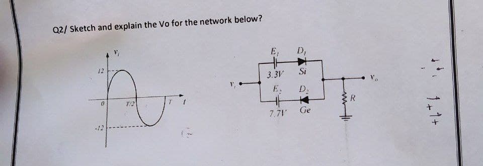 Q2/ Sketch and explain the Vo for the network below?
E,
D,
12
Si
3.3V
E:
本
T/2
Ge
7,71
* 1,1+
