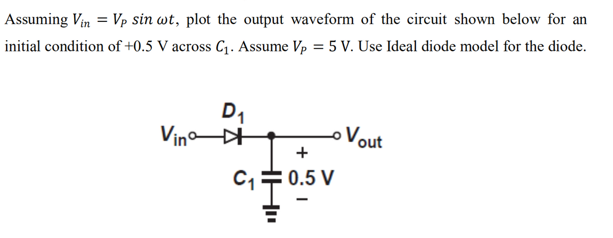 Assuming Vin
Vp sin wt, plot the output waveform of the circuit shown below for an
initial condition of +0.5 V across C1. Assume Vp = 5 V. Use Ideal diode model for the diode.
D1
Vino DH
Vout
+
C,+ 0.5 V
