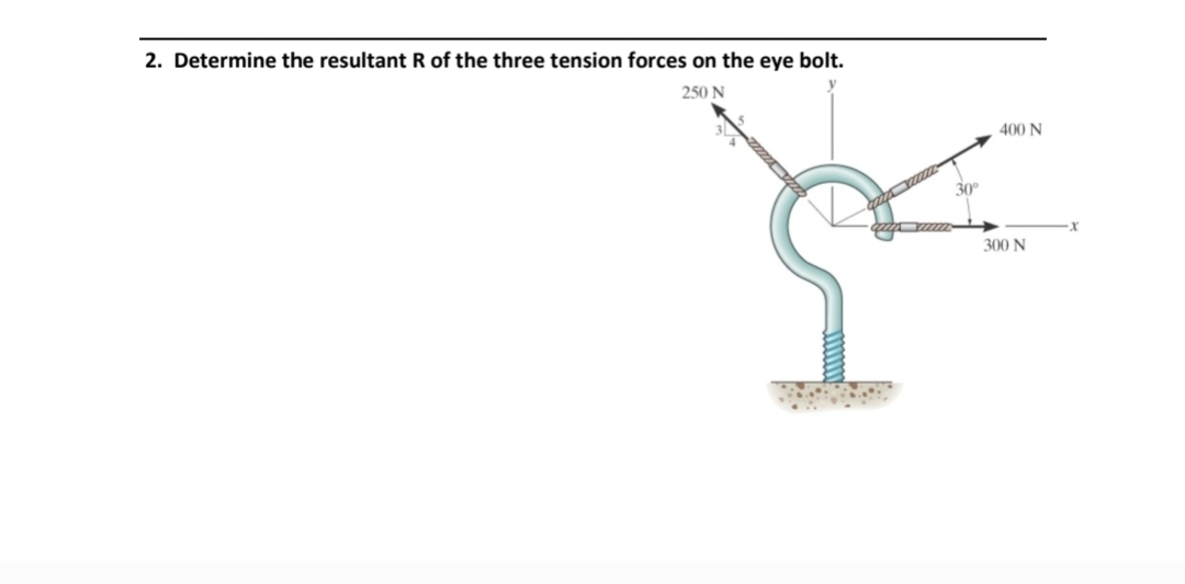 2. Determine the resultant R of the three tension forces on the eye bolt.
250 N
30°
400 N
300 N