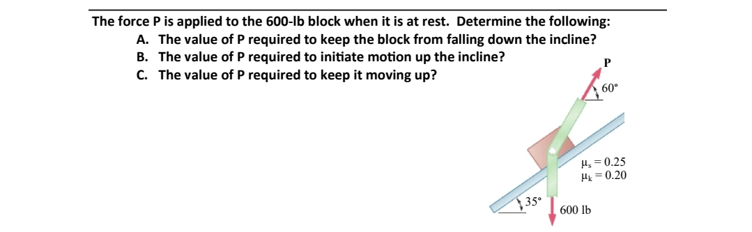 The force P is applied to the 600-lb block when it is at rest. Determine the following:
A. The value of P required to keep the block from falling down the incline?
B. The value of P required to initiate motion up the incline?
C. The value of P required to keep it moving up?
35°
P
60°
Hs = 0.25
Hk=0.20
600 lb