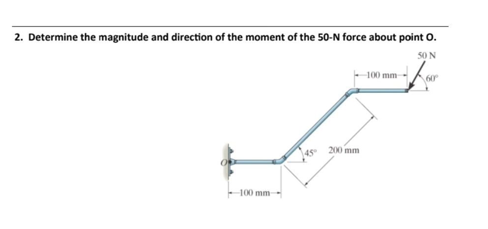 2. Determine the magnitude and direction of the moment of the 50-N force about point O.
50 N
Kon
60°
100 mm
45°
200 mm
100 mm-
